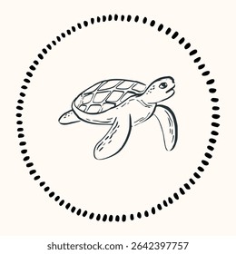 Whimsical doodle hand-drawn summer illustrations, line art sketch style. Nautical sea turtle emblems, vintage Mediterranean seafood labels, coastal restaurant decor, sea life prints. Vector isolated