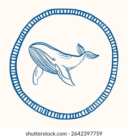 Whimsical doodle hand-drawn summer illustrations, line art sketch style. Nautical whale emblems, vintage Mediterranean seafood labels, coastal restaurant decor, sea life prints. Vector isolated