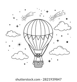 Whimsical doodle of a hot air balloon soaring above clouds and stars with shooting stars. Perfect for dreamy designs, travel themes, night sky concepts, and creative coloring projects.