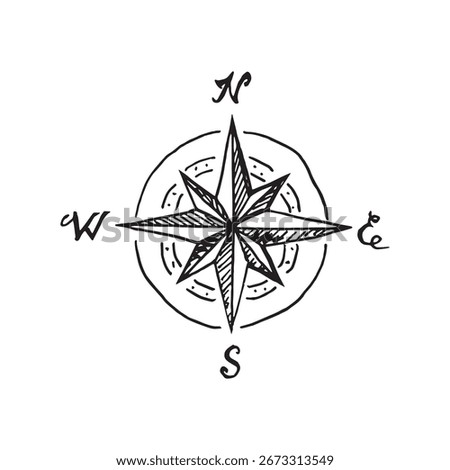 Whimsical doodle illustration of compass arrows and central star showing directions. Hand-drawn black line sketch style, perfect for travel, adventure, posters, stickers, and planner designs