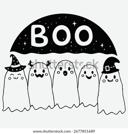 A whimsical doodle illustration of five cute, smiling ghosts wearing witch hats, with the word "BOO" in a starry night sky.