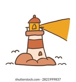 A whimsical doodle of a lighthouse standing on rocks with a bright yellow light beam projecting into the night