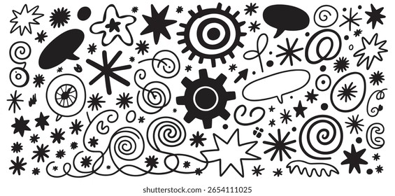 Whimsical Doodle Medley A Playful Array of Hand Drawn Stars Gears and Swirls in Black and White
