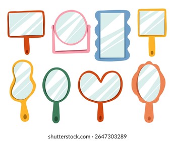 Whimsical Doodle Mirror Illustration. A playful set of 8 hand drawn mirrors in various shapes including oval rectangle and scalloped frames with soft reflections. Perfect for beauty themes stickers