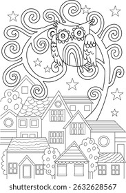 Whimsical Doodle Owl Over Town Coloring Page, Black and white line art illustration featuring a cute doodle owl perched on a stylized swirling tree overlooking a charming town with houses and stars.