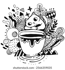 A whimsical doodle of a playful cat beside a steaming coffee cup, surrounded by vibrant flowers, captures a cozy, cheerful atmosphere perfect for lifestyle blogs or greeting cards.