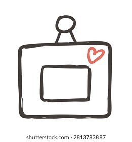A whimsical doodle of a rectangular picture frame hanging from a small circle, decorated with a tiny hand drawn red heart symbol.