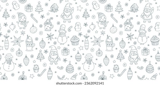 Whimsical Doodle Seamless Pattern with Santa Claus, Snowmen, Hot Chocolate and Festive Holiday Elements for Christmas Celebration and Winter Season Decor. Vector illustration on white background