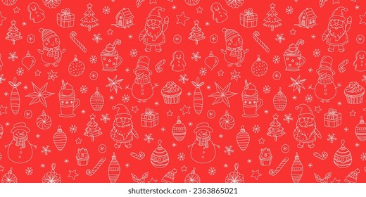 Whimsical Doodle Seamless Pattern with Santa Claus, Snowmen, Hot Chocolate and Festive Holiday Elements for Christmas Celebration and Winter Season Decor. Vector illustration on white background