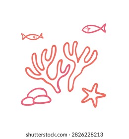 A whimsical doodle set featuring a coral reef, small swimming fish, a starfish, and stones, created with a simple red outline style on a white background.