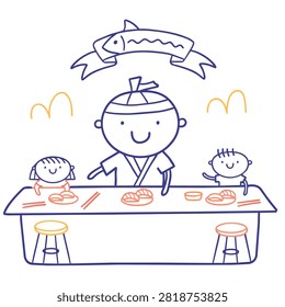 A whimsical doodle showing a sushi chef behind a counter serving sushi to two smiling children