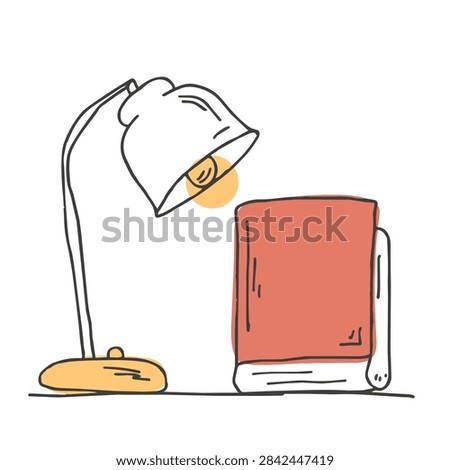 A whimsical doodle of a simple desk lamp casting light onto a standing book on a flat surface