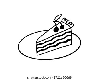 Caprichoso doodle rebanada de pastel de boda con remolinos de crema batida y cerezas en la parte superior. Un pastel de Vector dibujado a mano juguetón, perfecto para invitaciones de boda, marca romántica o dulces gráficos
