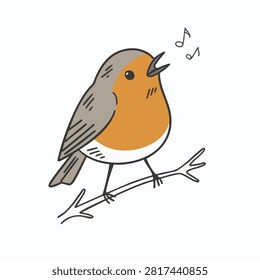 A whimsical doodle of a small European robin perched on a twig with musical notes indicating song in a flat graphic style