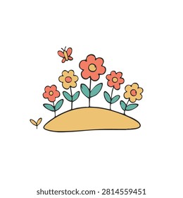 A whimsical doodle of a small grassy hill with colorful flowers and a tiny butterfly flying above on a white background