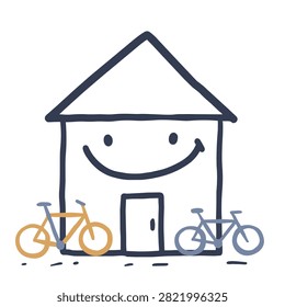A whimsical doodle of a smiling house character featuring a roof and door with a bicycle parked on each side against a white background.
