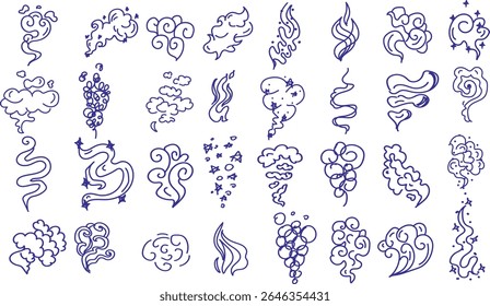 Whimsical doodle smoke, fire, steam, swirl and wind icon set. Hand drawn cartoon flame and vapor elements. Grunge sketch aroma, cloud, heat wave, magical air symbol vector illustration.
