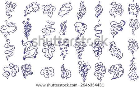 Whimsical doodle smoke, fire, steam, swirl and wind icon set. Hand drawn cartoon flame and vapor elements. Grunge sketch aroma, cloud, heat wave, magical air symbol vector illustration.