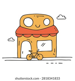 A whimsical doodle style illustration featuring a happy store building with a friendly face, red awning, display window, and a bicycle parked in front.