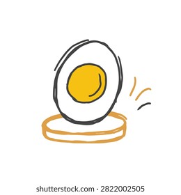 A whimsical doodle style sketch of a halved hard boiled egg resting on a circular dish isolated on a white background