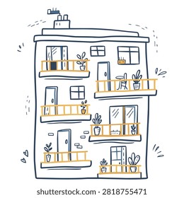A whimsical doodle style sketch of a multi story residential apartment building featuring balconies decorated with potted plants and doors.