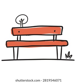 A whimsical doodle style sketch of a red wooden park bench with a small tree outline isolated on a white background