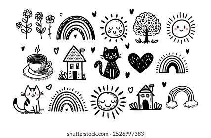 Whimsical Doodle Vector Collection: Cute Cats, Sun, Clouds, Flowers, Rainbows and Abstract Patterns