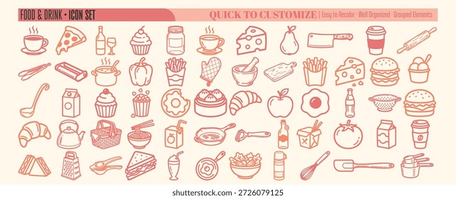 A whimsical doodle vector set displays assorted food and drink icons for web branding packaging and print, playful.