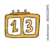 A whimsical doodle of a yellow mechanical scoreboard or counter displaying the number thirteen with hand drawn outlines on a white background