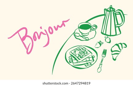 Whimsical doodles of french breakfast. Quirky icons of Italian food in simple crayon and sketch style. Trendy art for menus and dinner brunch invitations. La dolce vita vector illustration