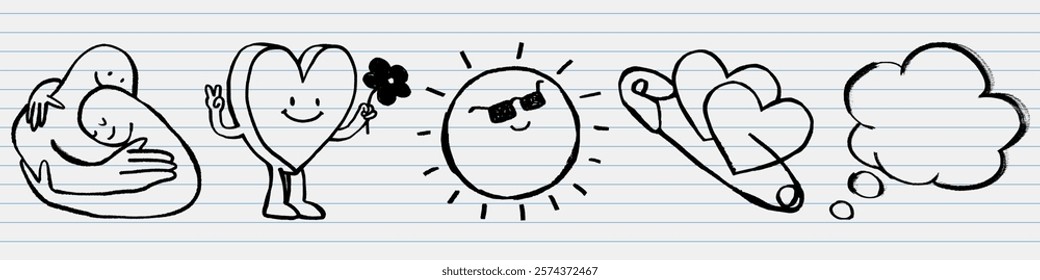 Whimsical doodles of a hugging family, heart with flower, smiling sun, heart on scroll, and thought bubble. Fun and playful doodles on lined paper. Hand drawn vector set.