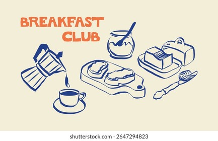 Whimsical doodles of italian breakfast. Quirky icons of Italian food in simple crayon and sketch style. Trendy art for menus and dinner brunch invitations. La dolce vita vector illustration
