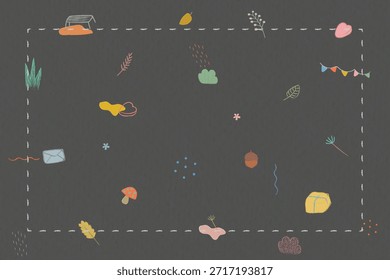 Whimsical doodles on a dark background. Doodles include leaves, mushrooms, and acorns. Playful doodles scattered around, creating a fun, artistic vibe. Illustration frame vector.