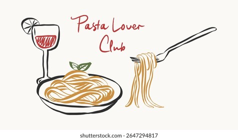 Whimsical doodles of pasta. Vintage icons with la dolce vita aesthetic in crayon and sketch style. Trendy art for menus and restaurant poster. Outline quirky vector illustration