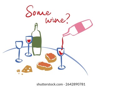 Whimsical doodles of romantic dinner. Vintage icons with la dolce vita aesthetic in crayon and sketch style. Trendy art for menus and wedding invitations. Outline quirky vector illustration