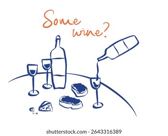Whimsical doodles of romantic dinner. Vintage icons with la dolce vita aesthetic in crayon and sketch style. Trendy art for menus and wedding invitations. Outline quirky vector illustration