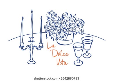 Whimsical doodles of wine and romantic dinner. Vintage icons with la dolce vita aesthetic in crayon and sketch style. Trendy art for menus and wedding invitations. Coquette vector illustration