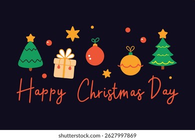 Whimsical doodle-style Christmas art featuring ornaments, bells, stars, and ‘Happy Christmas Day’ text. Hand-drawn design on black background—perfect for festive digital use and web graphics.
