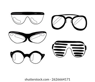 Whimsical doodle-style eyewear, glasses, set of isolated elements featuring hand-drawn line art. Perfect for summer designs and optical brands, showcasing a playful and light-hearted aesthetic