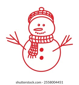 A whimsical doodle-style illustration of a snowman, highlighted with a bold red outline on a crisp white background. Ideal for winter-themed designs, holiday cards, or festive decorations