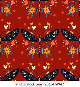 Whimsical Dragonfly and Floral Seamless Pattern. Decorative Dragonflies with Flowers on White Background