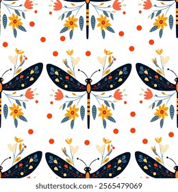 Whimsical Dragonfly and Floral Seamless Pattern. Decorative Dragonflies with Flowers on White Background