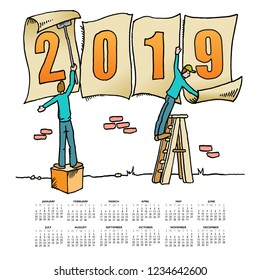 Whimsical drawing 2019 calendar for web or print use