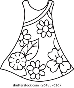 Whimsical Dress Design with Playful Floral Patterns A Charming Black and White Illustration Perfect for Coloring Books and Creative Projects with Spring Theme
