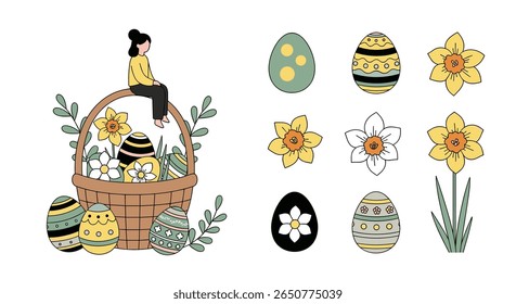 Cesta de páscoa whimsical preenchida com ovos decorados e narcisos comemoração primavera