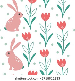 Caprichosos conejitos de Pascua y tulipanes sin patrón de azulejos con divertidos colores de primavera concepto como colores de primavera juguetones resaltan caprichosos conejitos de Pascua y tulipanes en patrón de azulejos sin fisuras en Foto de archivo Concepto y espacio vacío en el lado izquierdo, sin texto --ar 7:2 --tile