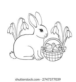 Whimsical Easter bunny with basket of eggs and spring flowers