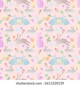 Whimsical Easter Bunny Floral Repeat Pattern: Cute Rabbits with Flowers Eggs on Light Pink, Playful Textile Design for Spring Holiday Decor