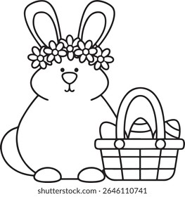Coelhinho de Páscoa Caprichoso com Coroa de Flor e Cesta Cheia de Ovos Decorados, Uma Charmosa Ilustração em Preto e Branco para as Celebrações da primavera