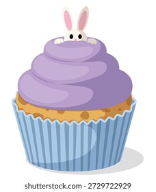 Whimsical Easter Bunny Peeking Out of Violet Frosting Swirl Cupcake Flat Vector Illustration for Spring Celebration